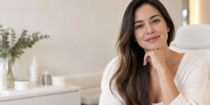 Mulher no pós-gestação em uma clínica estética clara, representando cuidado facial individualizado e natural