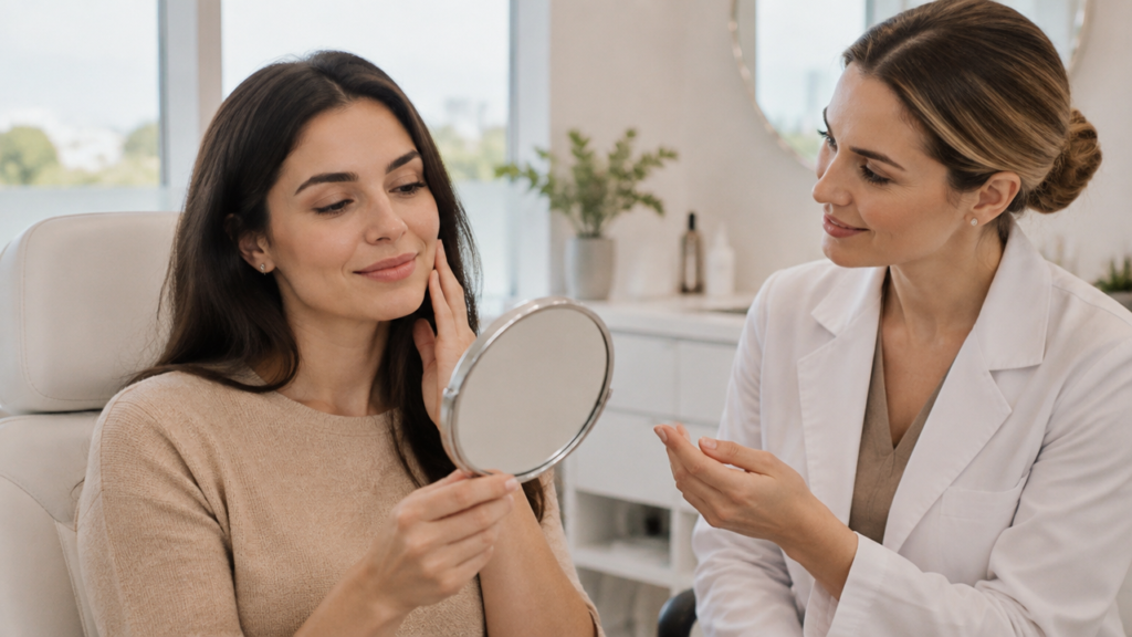 Paciente conversa com profissional de estética sobre um plano individualizado de harmonização facial