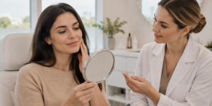 Paciente conversa com profissional de estética sobre um plano individualizado de harmonização facial