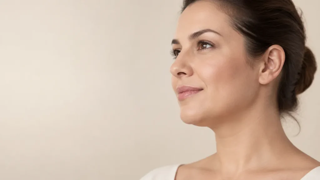 Perfil de uma mulher adulta com a região abaixo do queixo e o contorno do pescoço visíveis, em fotografia clínica natural.