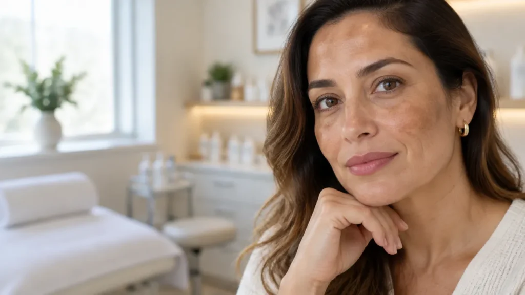 Retrato de mulher com manchas suaves de melasma nas bochechas, ilustrando cuidados para uniformizar a pele